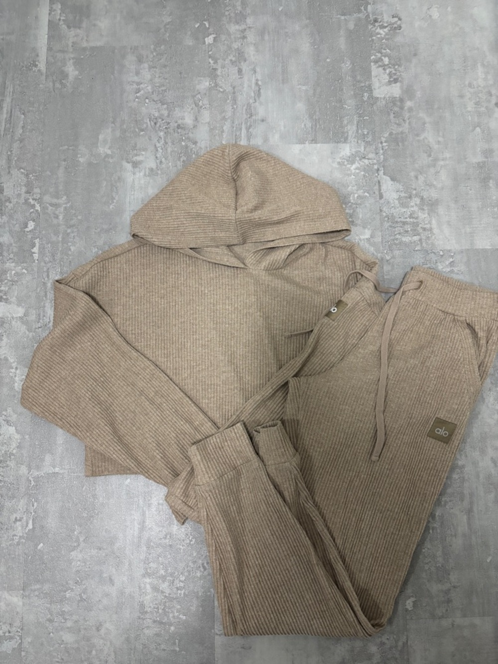 Alo Cozy Ribbed Hoodie & Jogger Set in Gravel Heather (taupe)